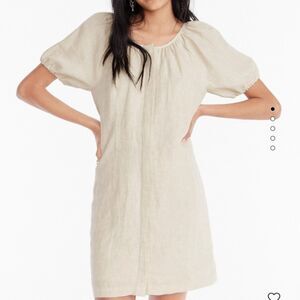 J. Crew Linen Puff Sleeve Dress Womens 14 Beige Button Front Resort Vacation NWT